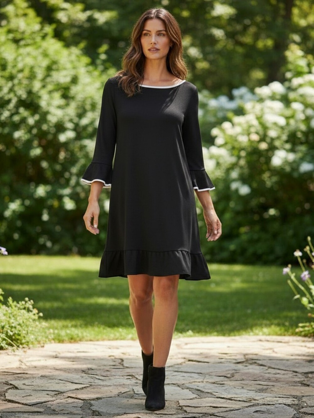 Haani Black Ruffle-Hem Shift Dress with White Contrast Trim Large